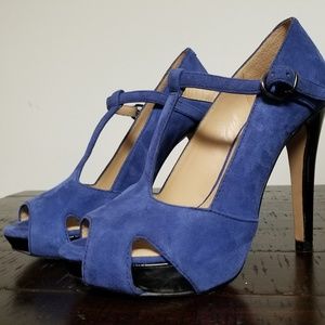 KENNETH COLE Au Cafe Cobalt Suede Peep Toe Hi Heel